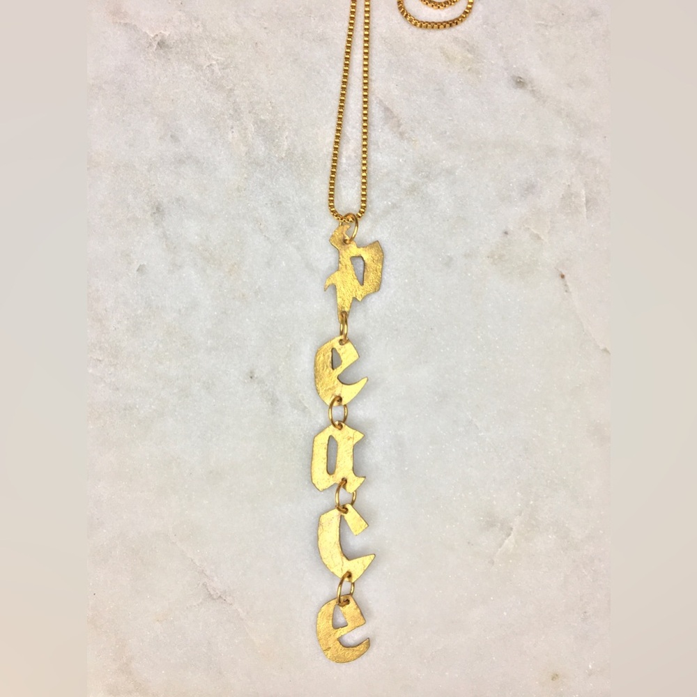 Gold Peace Necklace, handcrafted peace gold tone pendant w/24k gold plated chain - Picture 4 of 15